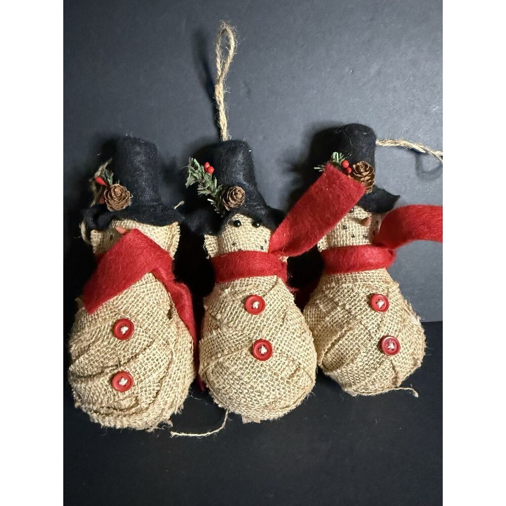 Country Snowman Christmas Ornaments Set (3) Hanging Holiday Decor Farmhouse